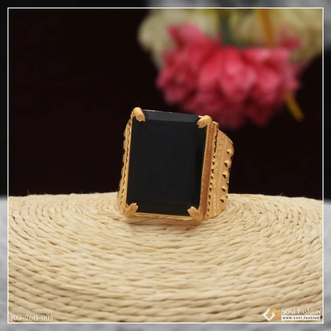 1 Gram Gold Forming Black Stone with Diamond Best Quality Ring for Men - Style B005