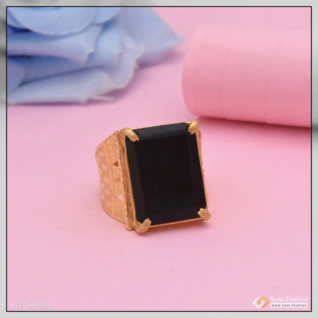 1 Gram Gold Forming Black Stone with Diamond Best Quality Ring for Men - Style B005