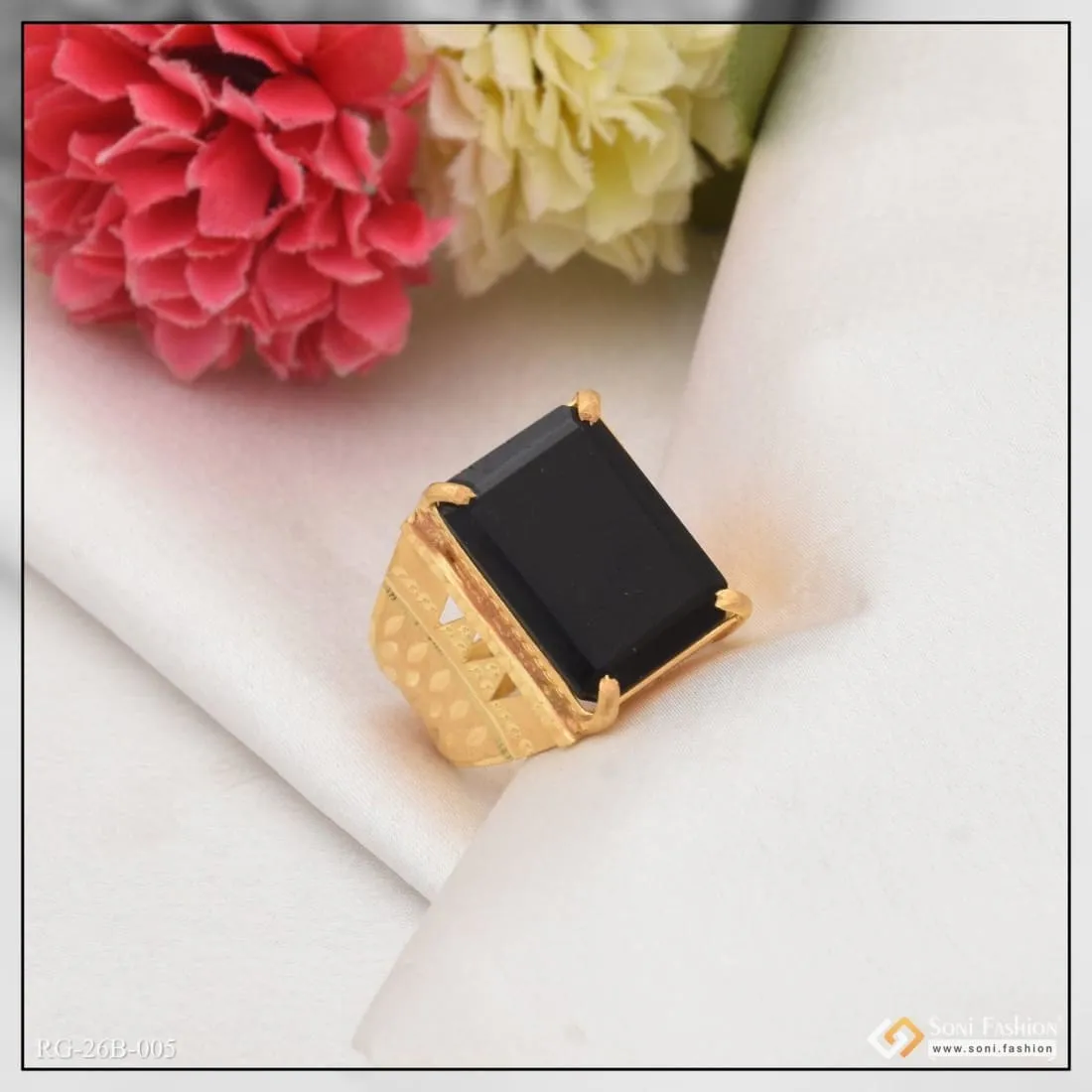 1 Gram Gold Forming Black Stone with Diamond Best Quality Ring for Men - Style B005
