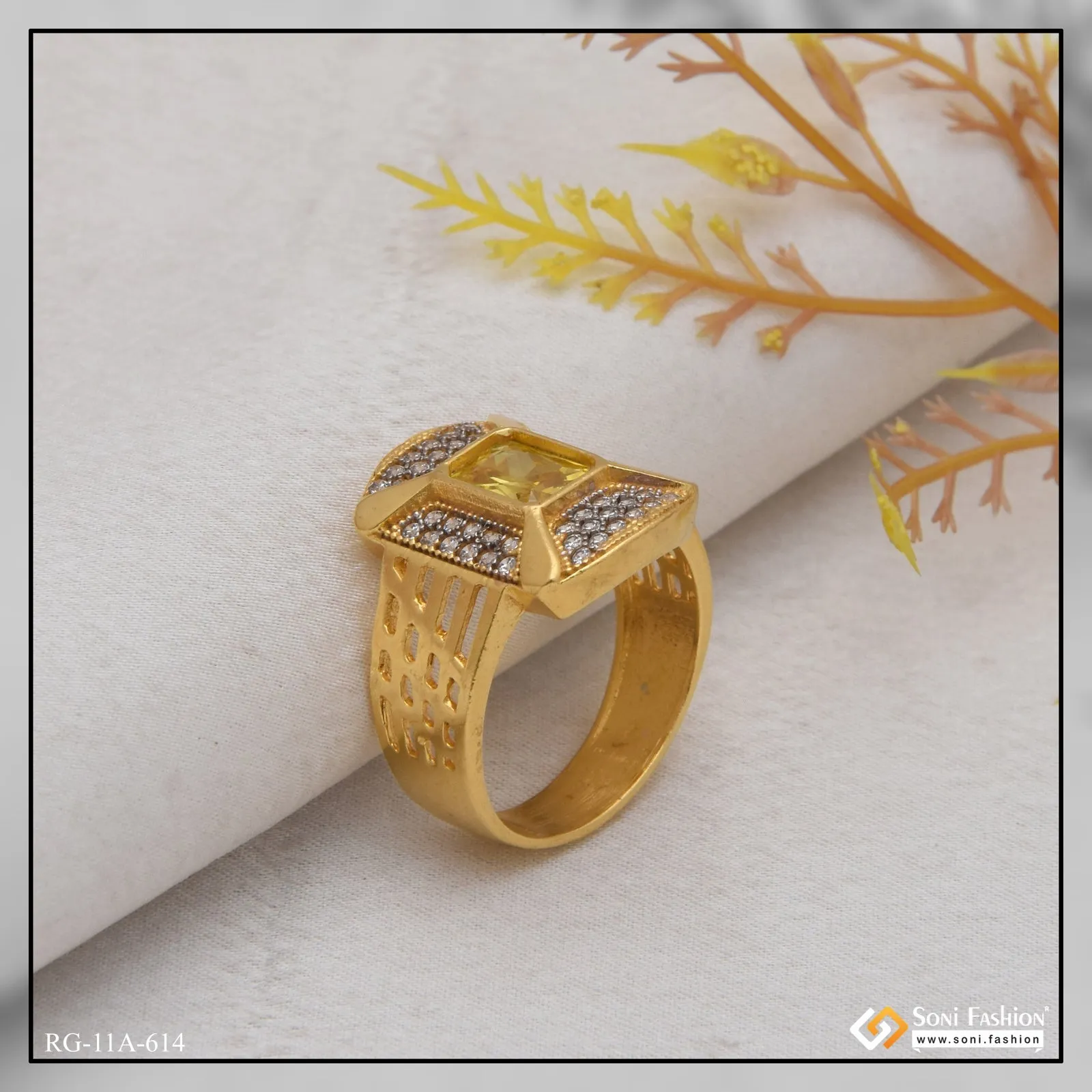 1 Gram Gold Forming Yellow Stone Attention-Getting Design Ring for Men - Style A614