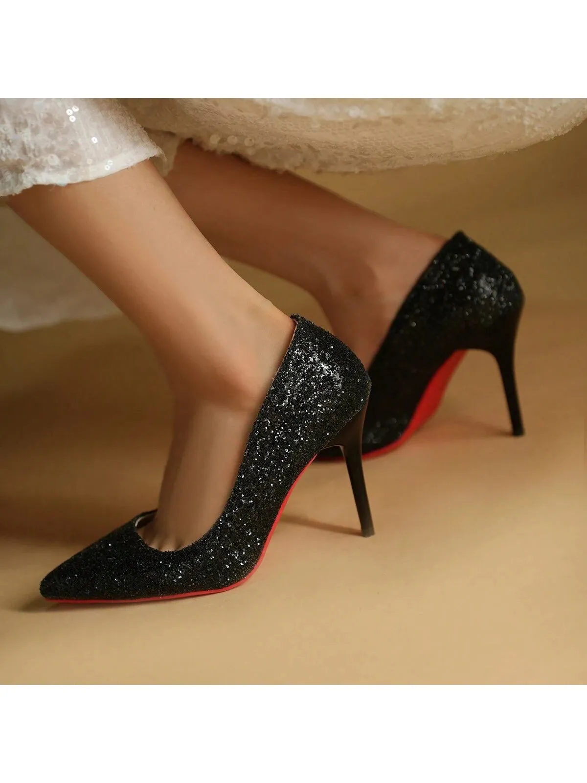 2024 New Sequin Shallow Mouth High Heels, Extra Large Size, Super Thin Heels, Commuter & Clubwear Sexy Goddess Princess Shoes