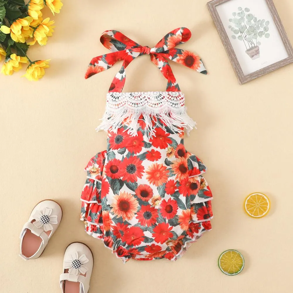 Baby Girls Romper Summer Sleeveless Sunflower Red Jumpsuit Fashion Baby Wholesales