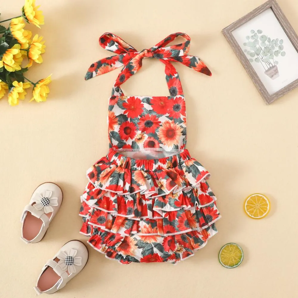 Baby Girls Romper Summer Sleeveless Sunflower Red Jumpsuit Fashion Baby Wholesales