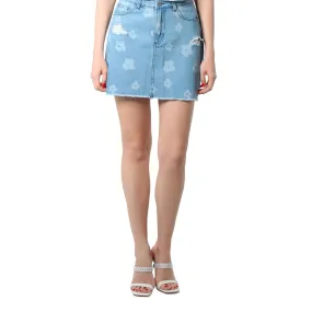 Blue Flower Print Ripped Jeans Mini Skirt
