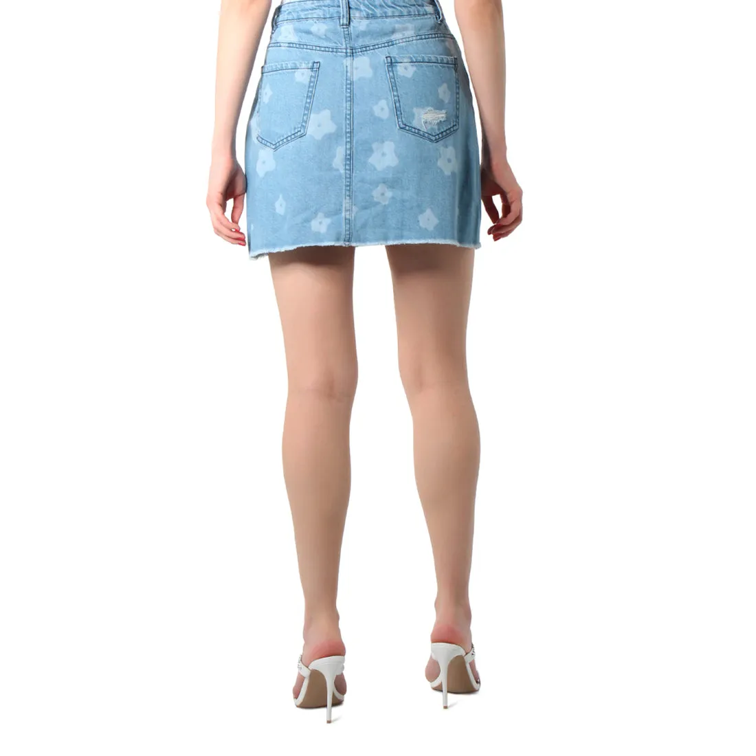 Blue Flower Print Ripped Jeans Mini Skirt