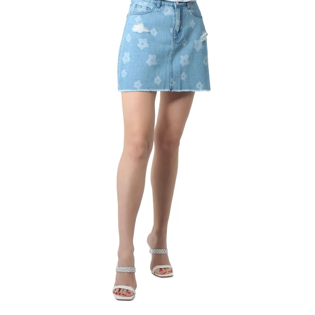 Blue Flower Print Ripped Jeans Mini Skirt