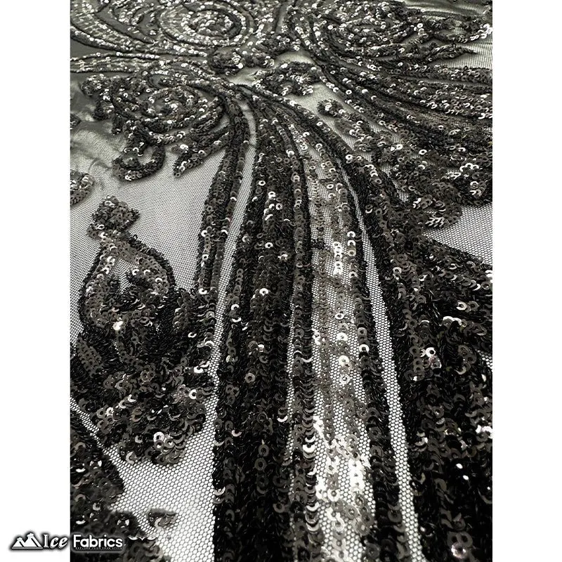 Damask Sequin Fabric | 4 Way Stretch Spandex Mesh Lace Fabric | (EGP)