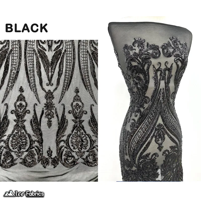 Damask Sequin Fabric | 4 Way Stretch Spandex Mesh Lace Fabric | (EGP)