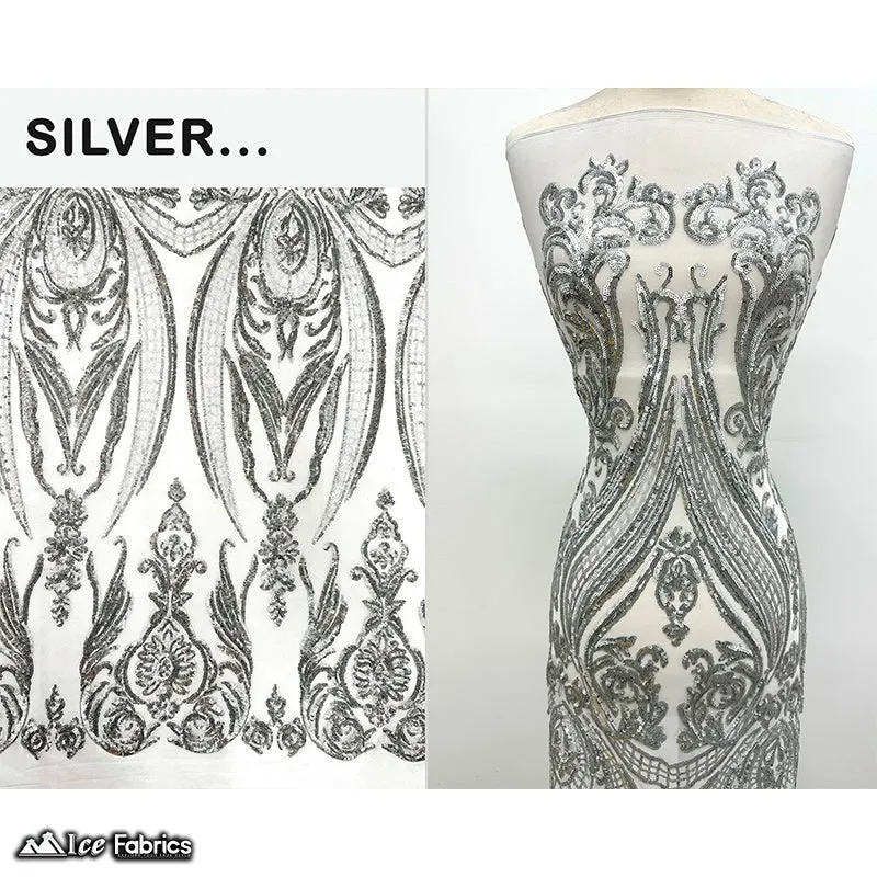 Damask Sequin Fabric | 4 Way Stretch Spandex Mesh Lace Fabric | (EGP)