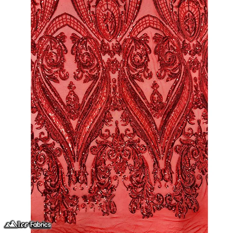 Damask Sequin Fabric | 4 Way Stretch Spandex Mesh Lace Fabric | (EGP)