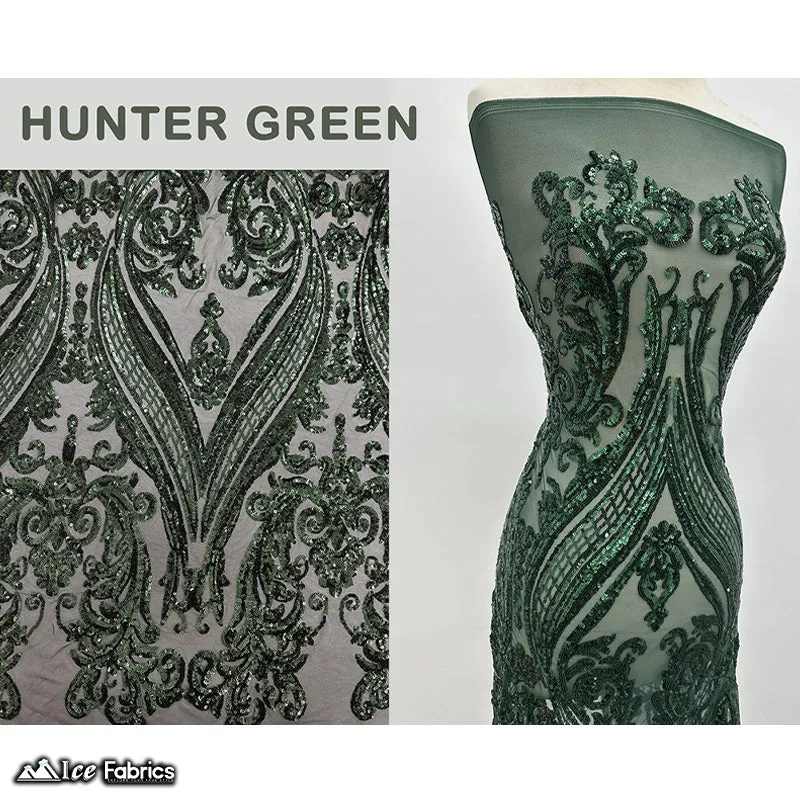 Damask Sequin Fabric | 4 Way Stretch Spandex Mesh Lace Fabric | (EGP)