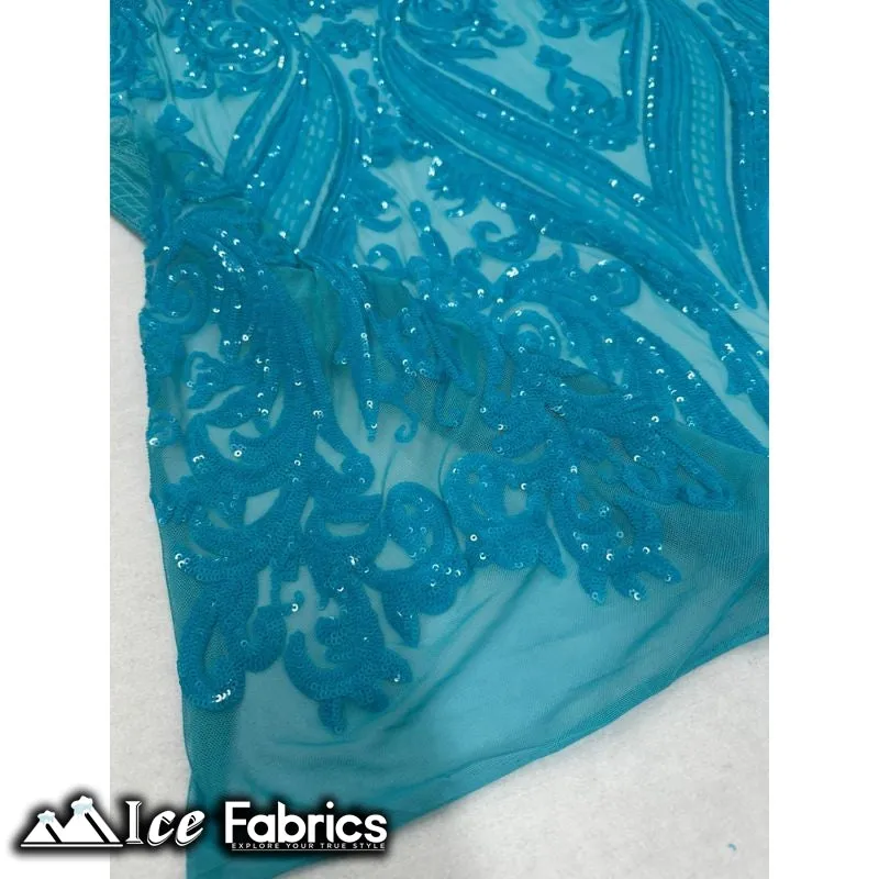 Damask Sequin Fabric | 4 Way Stretch Spandex Mesh Lace Fabric | (EGP)
