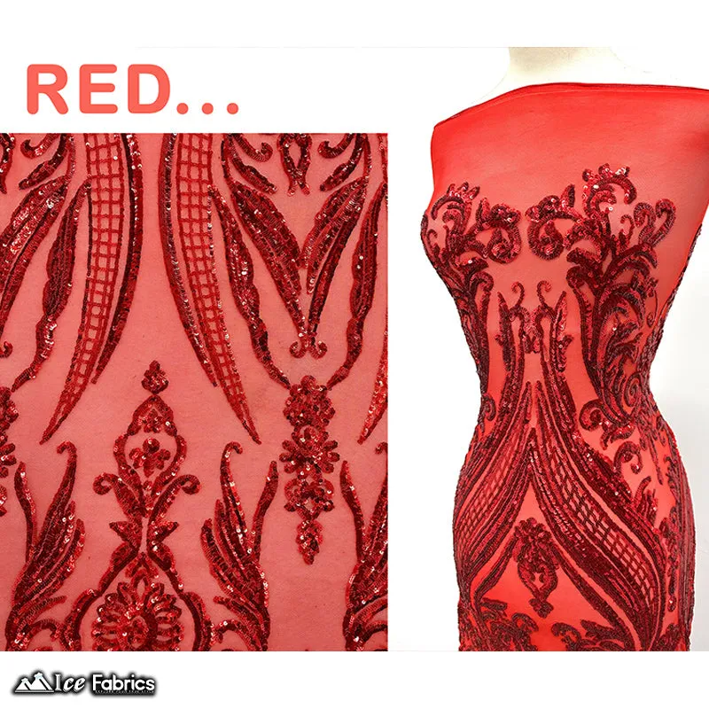Damask Sequin Fabric | 4 Way Stretch Spandex Mesh Lace Fabric | (EGP)