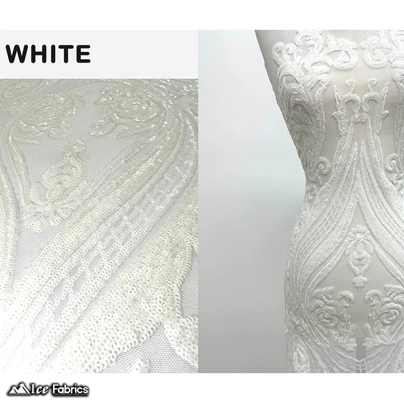 Damask Sequin Fabric | 4 Way Stretch Spandex Mesh Lace Fabric | (EGP)