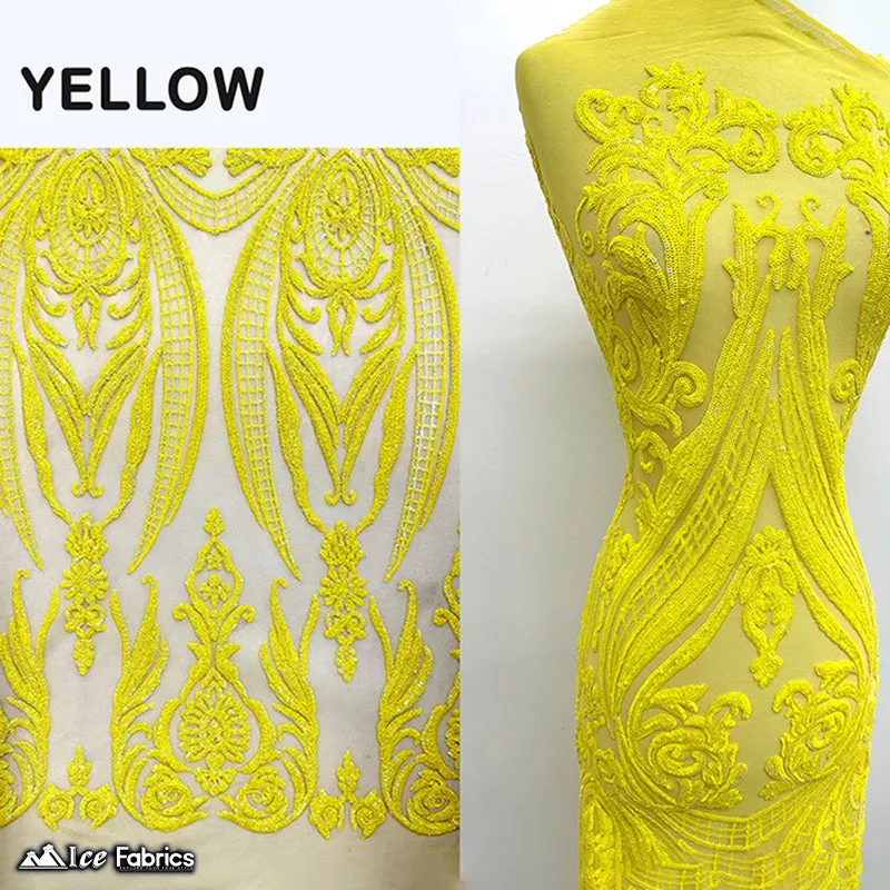 Damask Sequin Fabric | 4 Way Stretch Spandex Mesh Lace Fabric | (EGP)