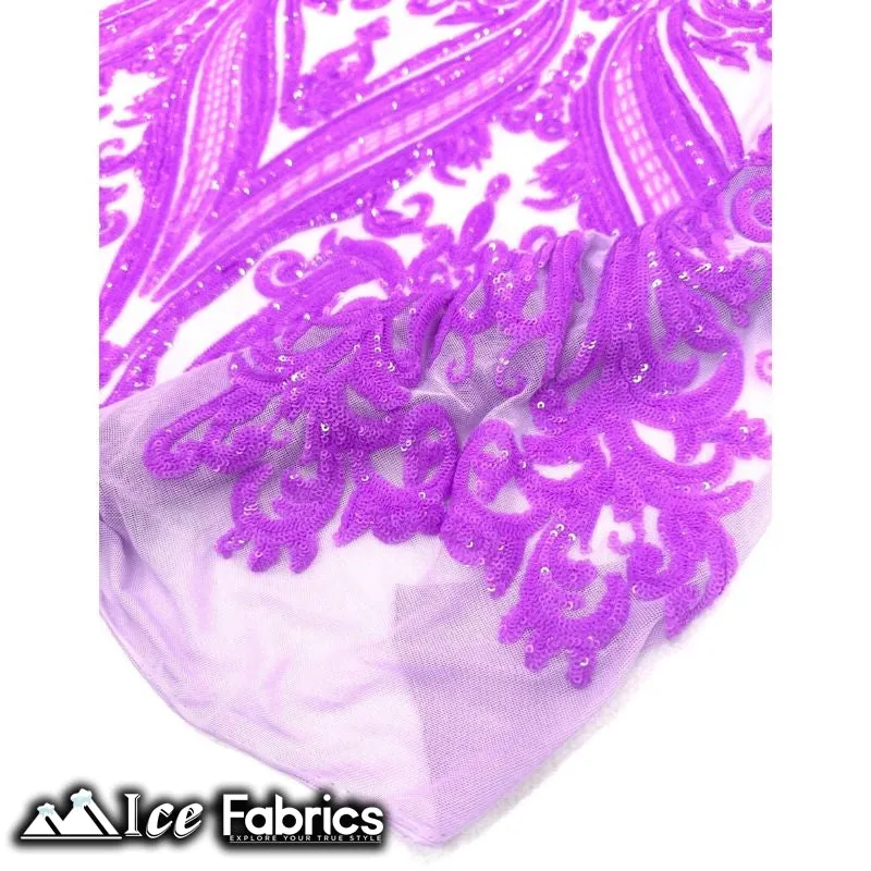 Damask Sequin Fabric | 4 Way Stretch Spandex Mesh Lace Fabric | (EGP)