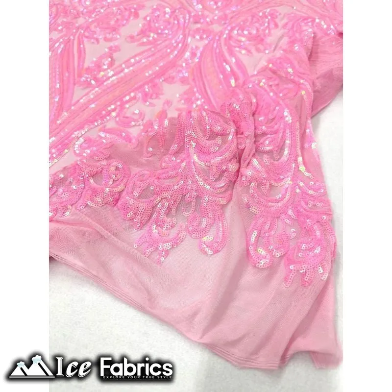 Damask Sequin Fabric | 4 Way Stretch Spandex Mesh Lace Fabric | (EGP)