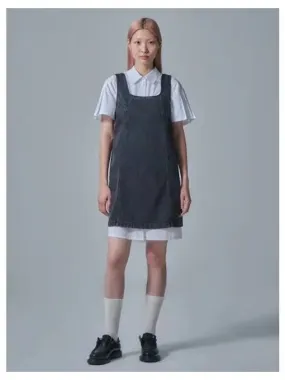 Denim U neck mini dress one piece black domestic product