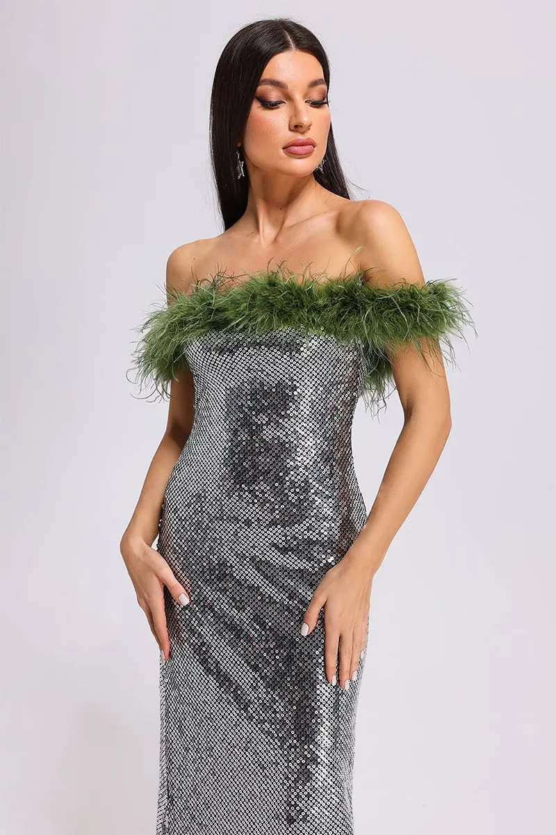 Dolly Feather Trimmed Sequin Maxi Dress