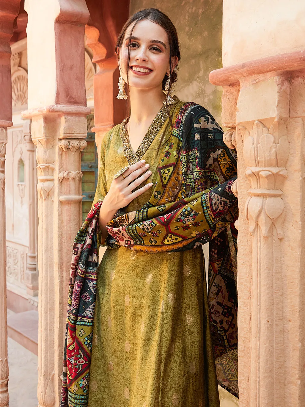 Ethnic Foil Printed & Embroidered A-Line Kurta with Pant & Dupatta -Green