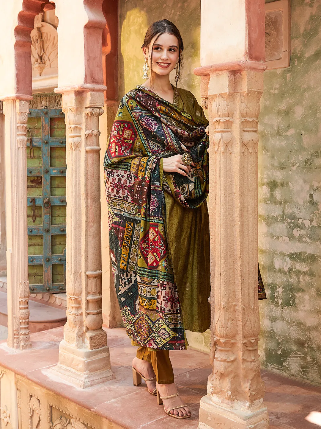 Ethnic Foil Printed & Embroidered A-Line Kurta with Pant & Dupatta -Green