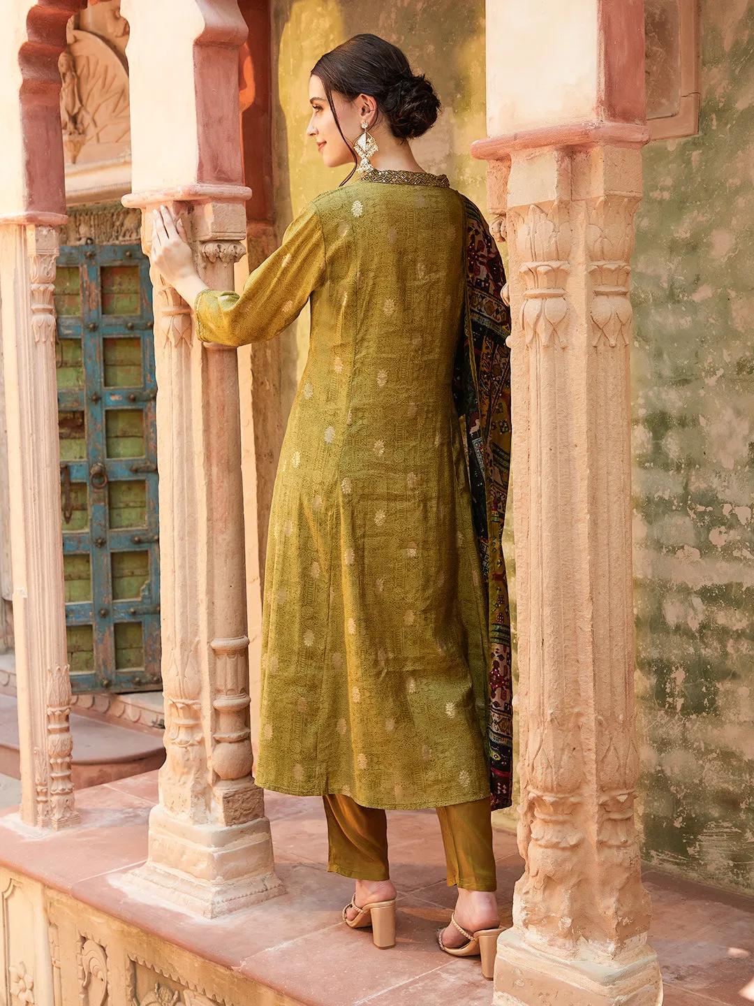 Ethnic Foil Printed & Embroidered A-Line Kurta with Pant & Dupatta -Green