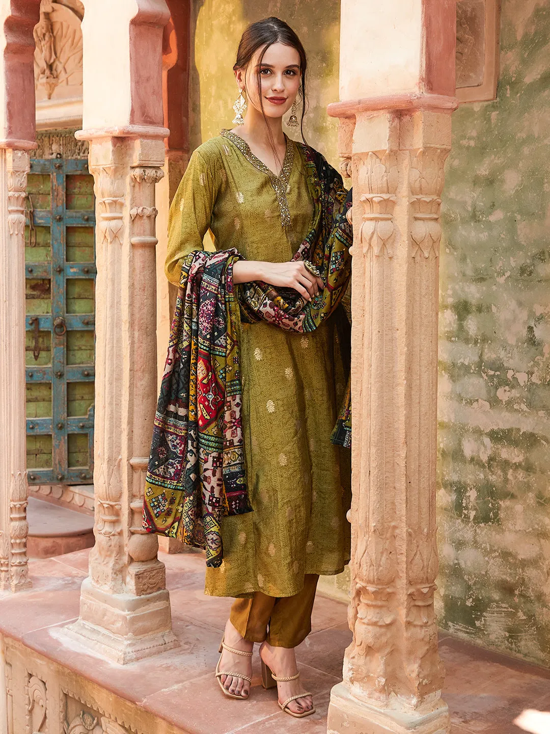 Ethnic Foil Printed & Embroidered A-Line Kurta with Pant & Dupatta -Green