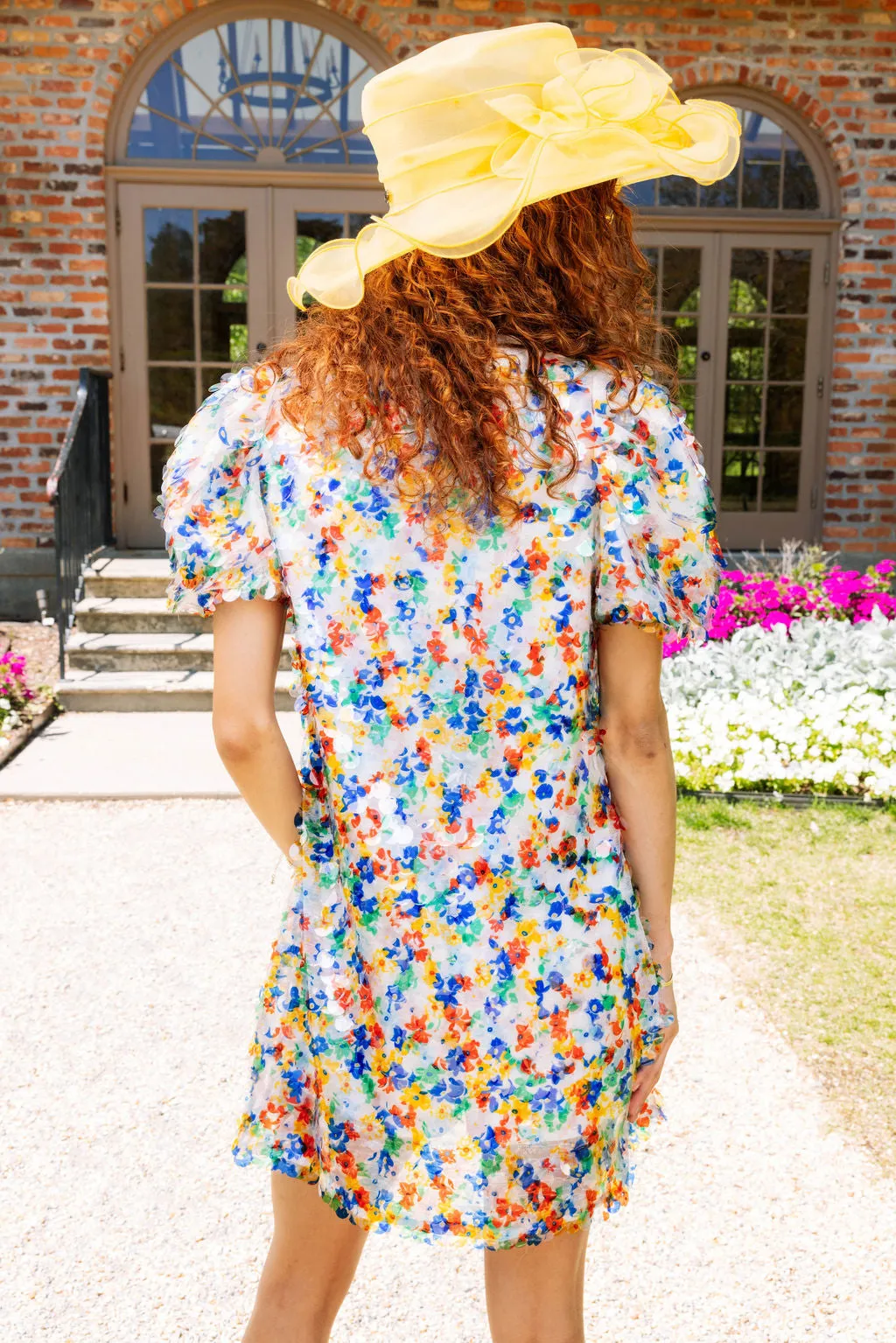 Floral Pailette Sequin Poof Sleeve Dress