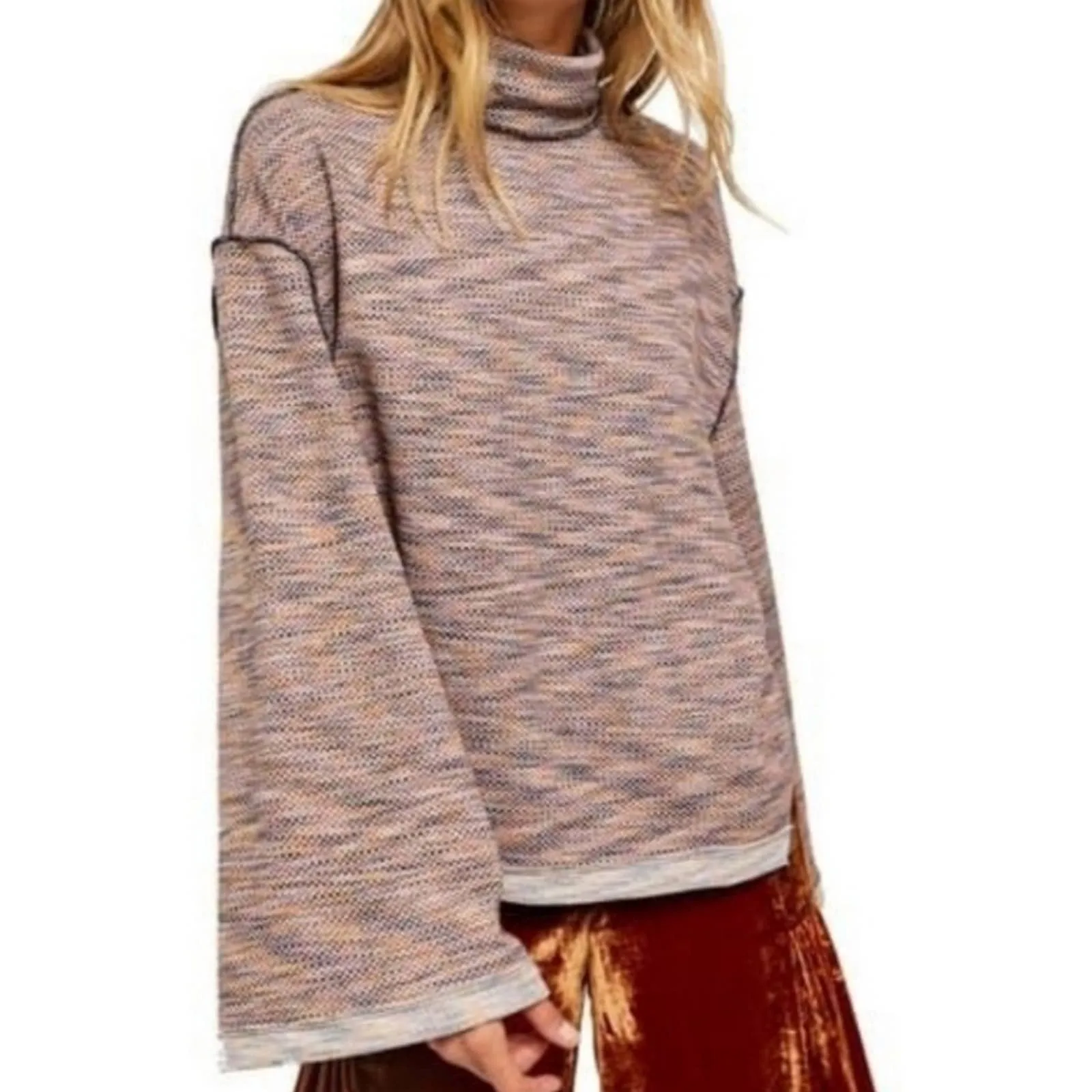 Free People Sunny Days Knit Oversized Turtleneck Sweater Large