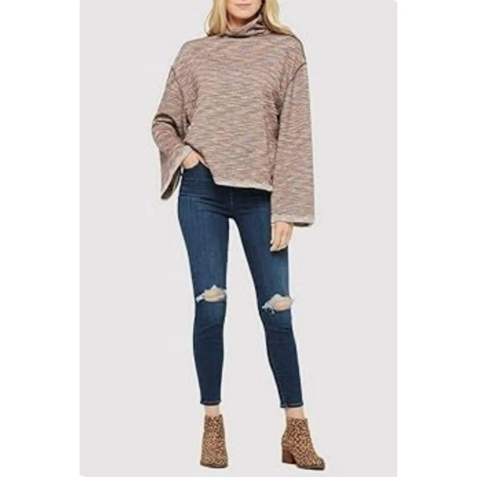 Free People Sunny Days Knit Oversized Turtleneck Sweater Large