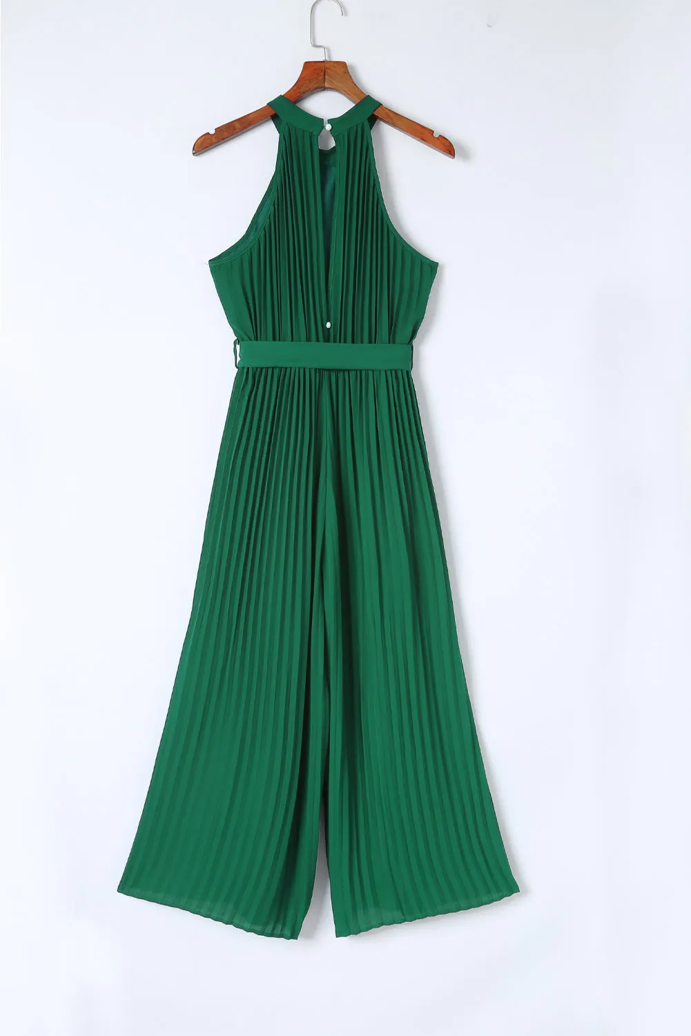 Green Halter Neck Pleated Wide Leg Jumpsuit with Belt