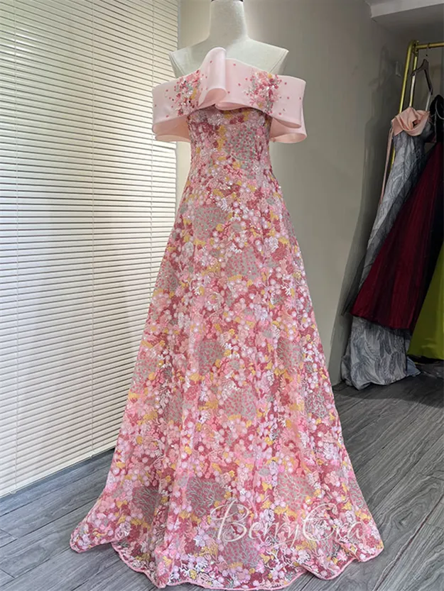 High Quality Floral Pattern Sequin Beaded Lace Prom Dresses, A-line Prom Dresses, Newest 2023 Prom Dresses