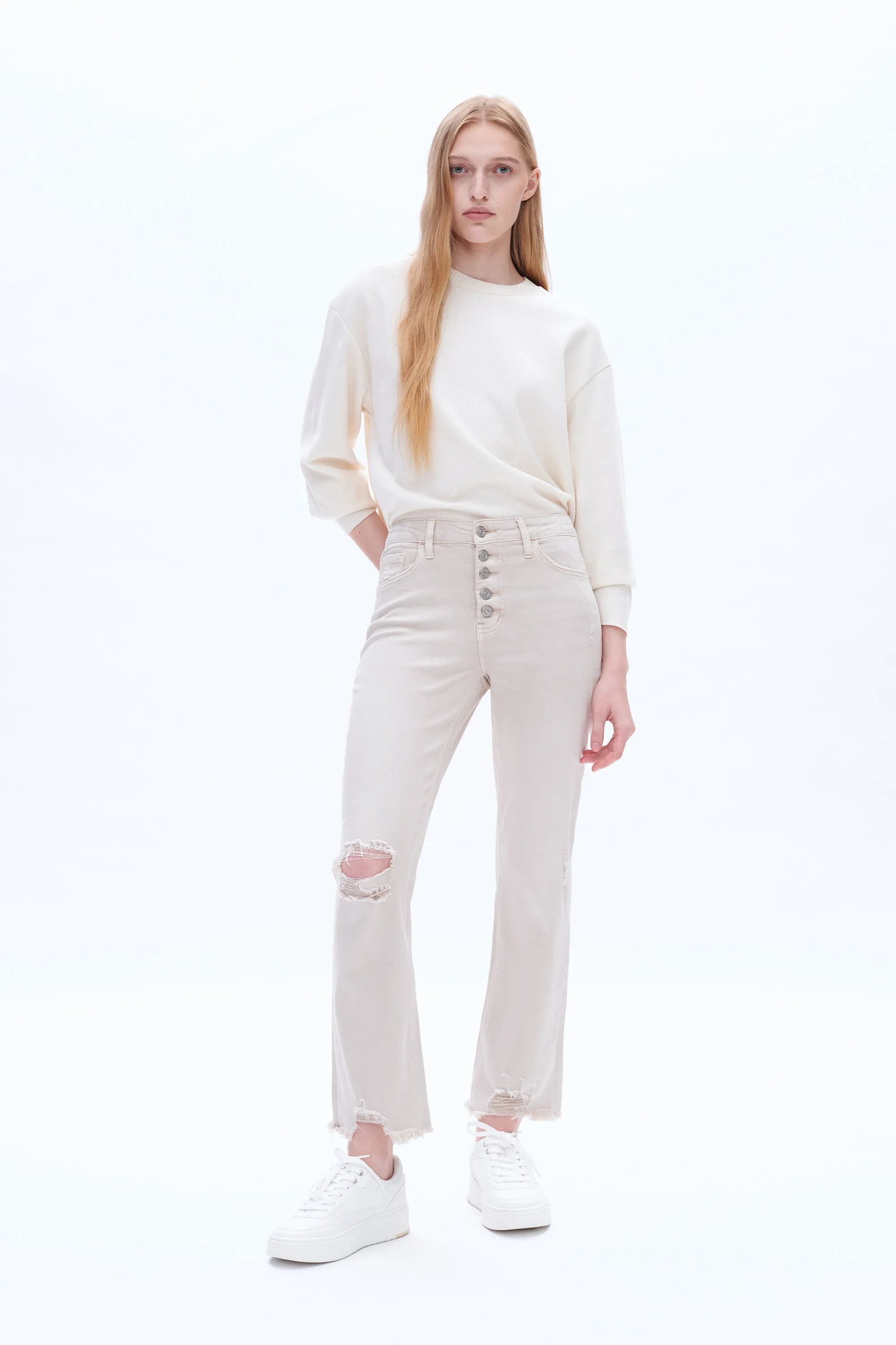 HIGH RISE STRAIGHT LEG JEANS BUTTON FLY WITH FRAYED HEM BYT5113 OYSTER GRAY