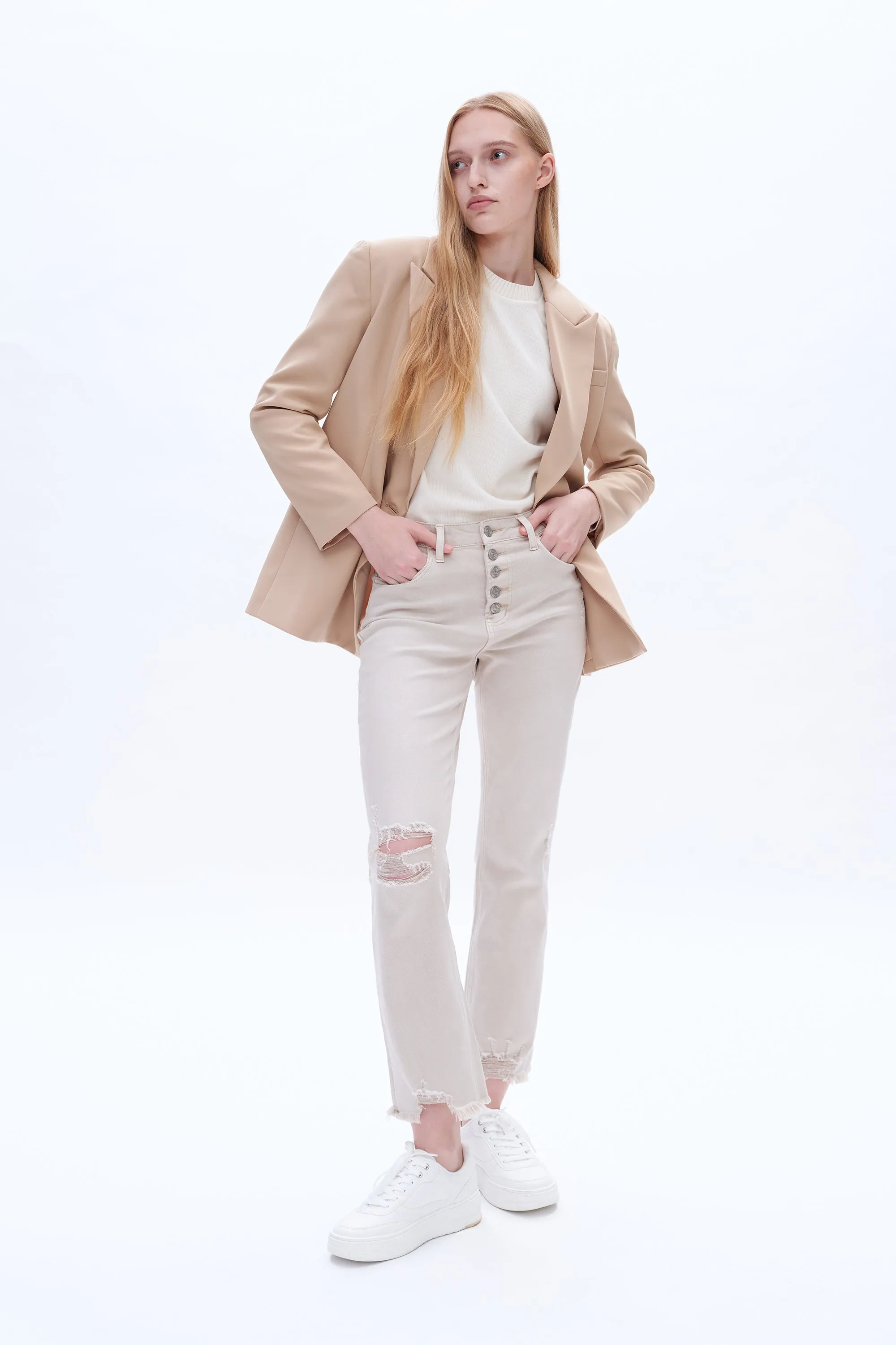 HIGH RISE STRAIGHT LEG JEANS BUTTON FLY WITH FRAYED HEM BYT5113 OYSTER GRAY