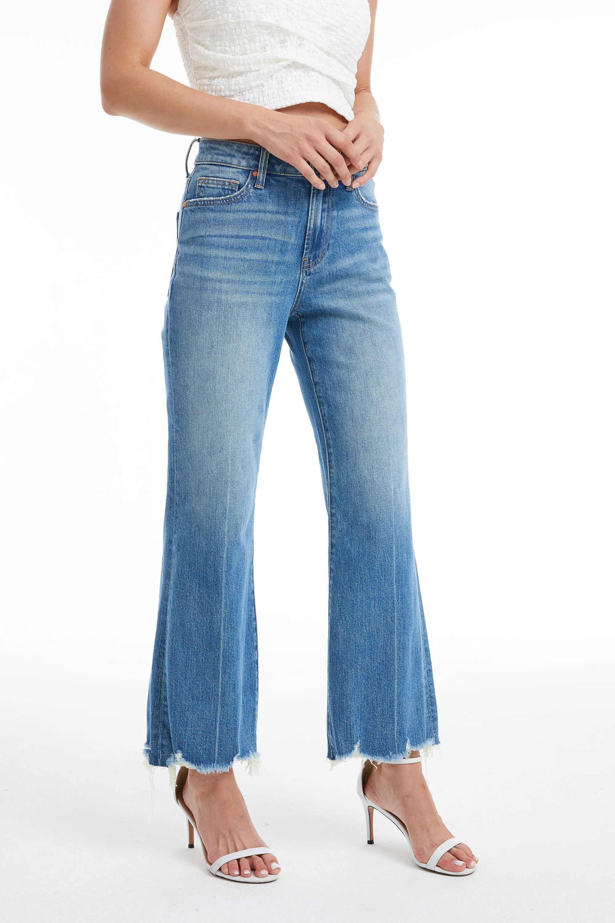 HIGH RISE WIDE LEG JEANS WITH FRAYED HEM BYW8132 (BYLY009) TURQUOISE