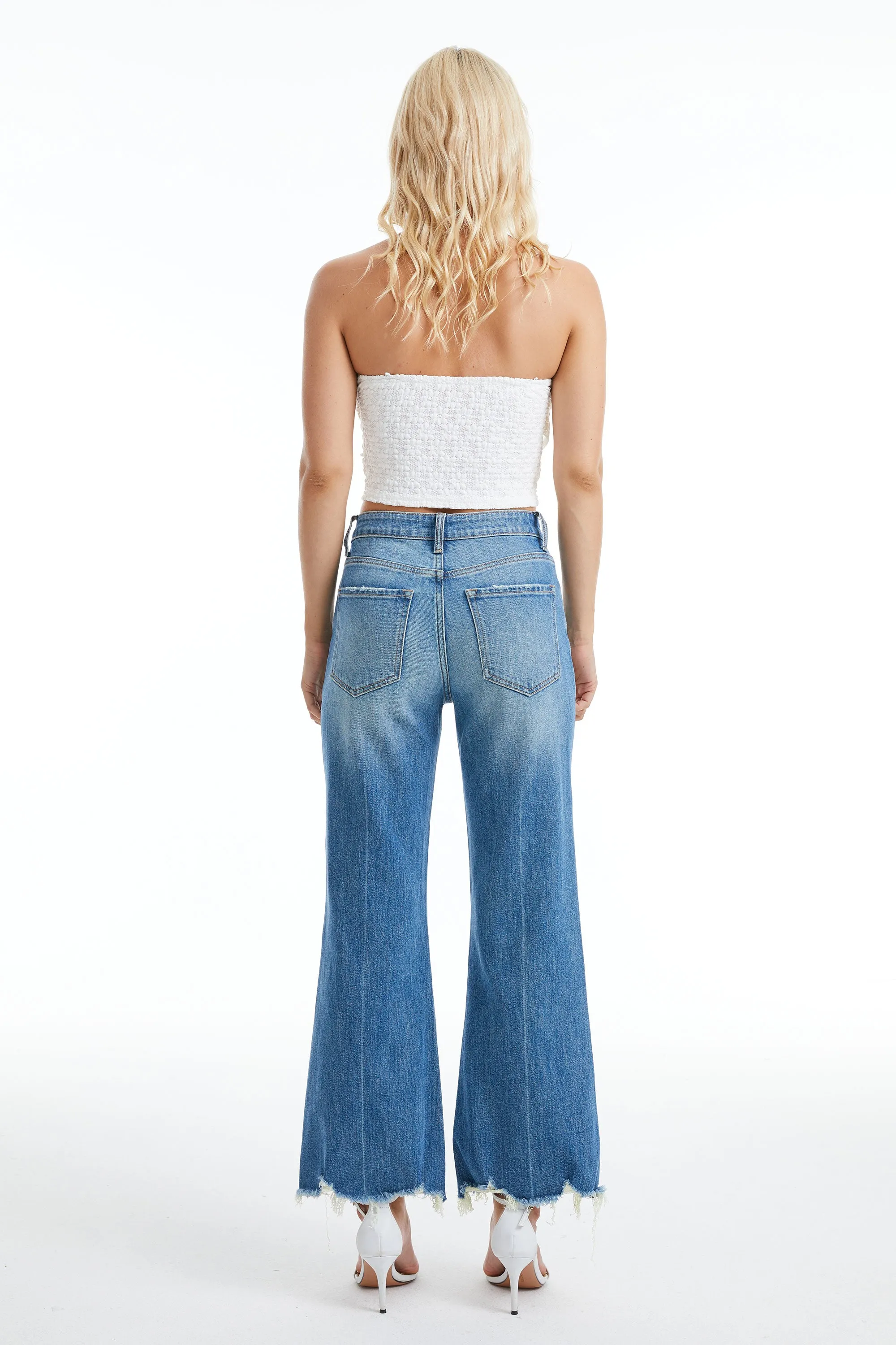 HIGH RISE WIDE LEG JEANS WITH FRAYED HEM BYW8132 (BYLY009) TURQUOISE