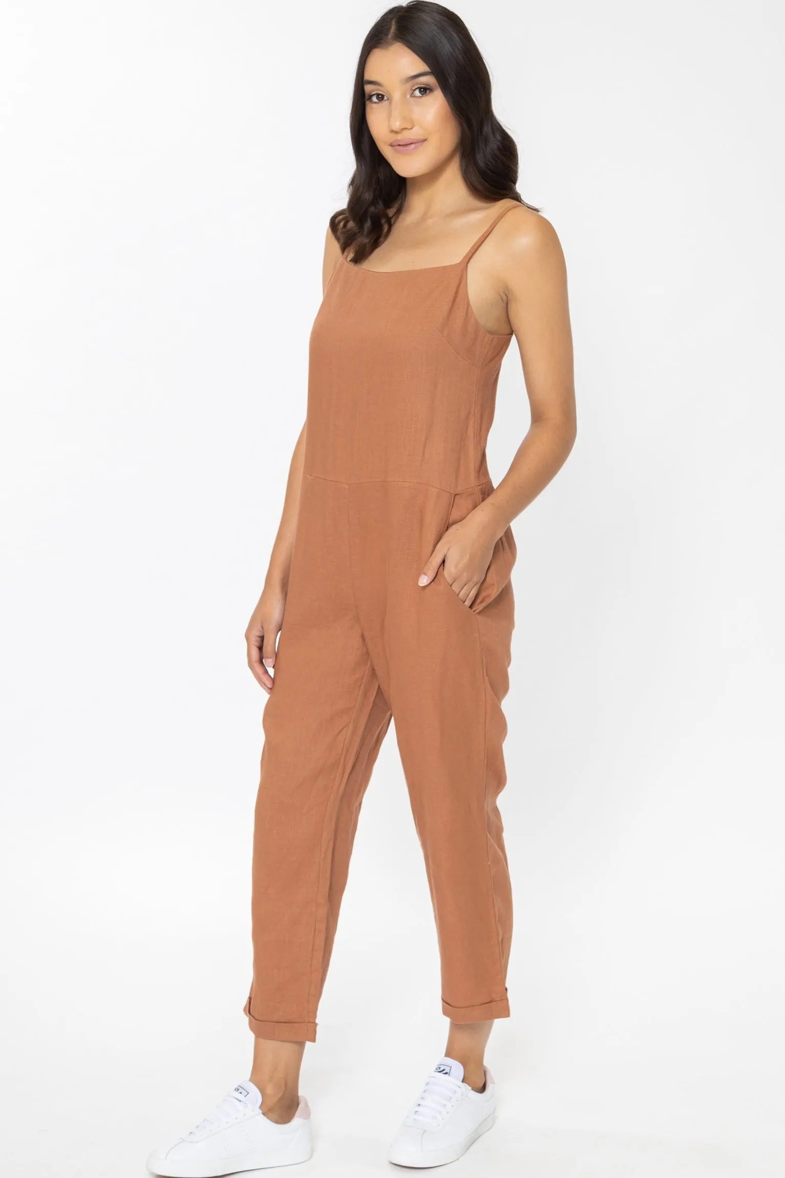 Holiday Rust Linen Strappy Relax Jumpsuit