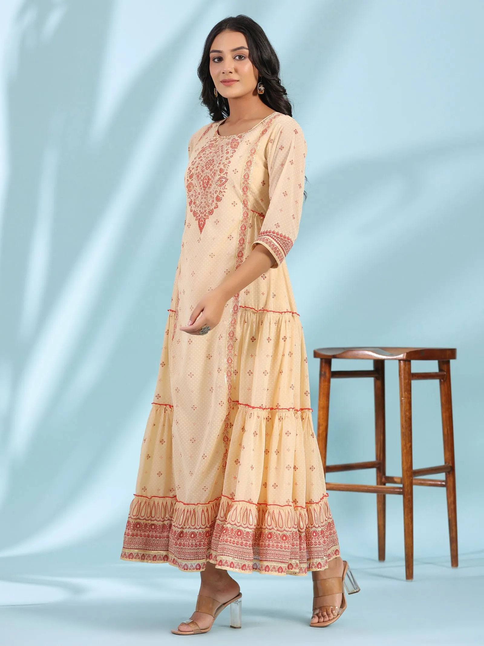 Juniper Festive Ivory Ethnic Motif Printed Tiered Dress With Sequins & Beadwork