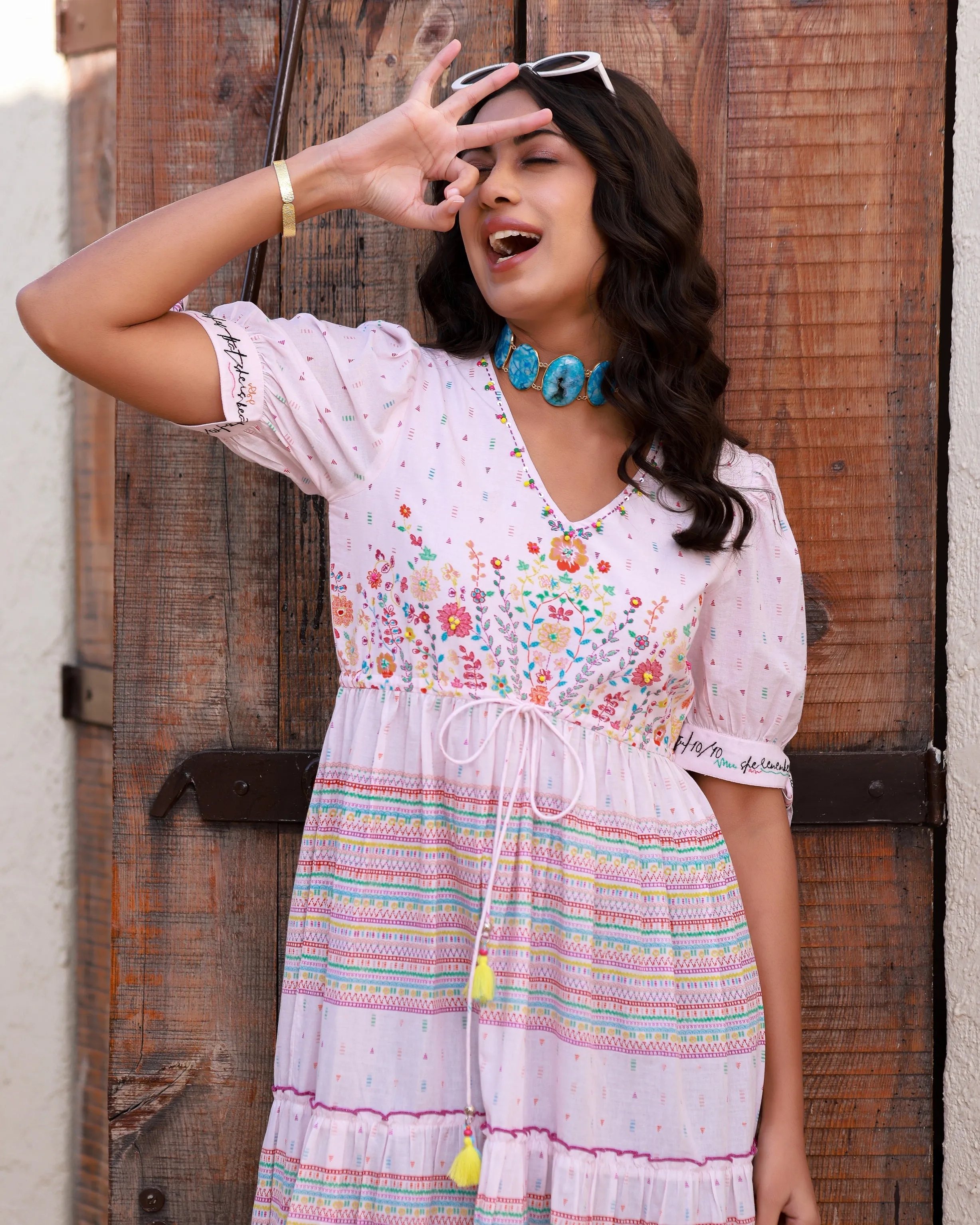 Juniper Pink Wonderland Pure Cotton Floral Printed Maxi Dress With Beads Tassels Kantha & Contrast 3D Work