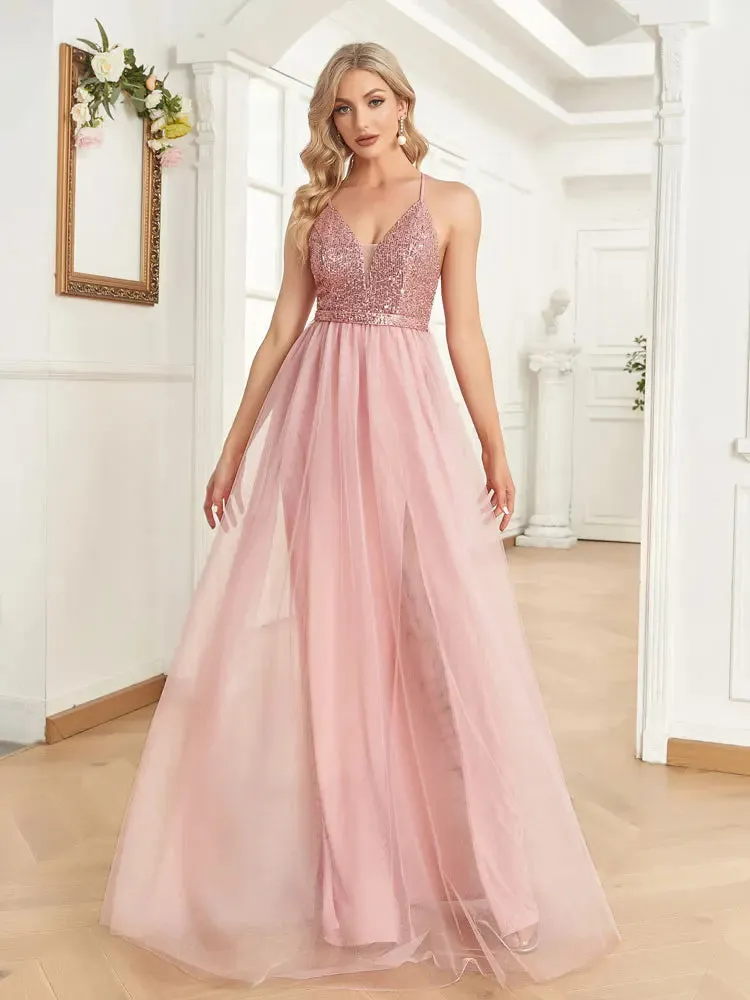 Lucyinlove Elegant Sequins Evening Dress For Women 2024 Deep V-neck Tulle Prom Party Pink Dress Floor Length Cocktail Gowns
