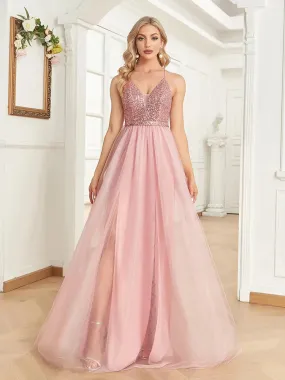 Lucyinlove Elegant Sequins Evening Dress For Women 2024 Deep V-neck Tulle Prom Party Pink Dress Floor Length Cocktail Gowns