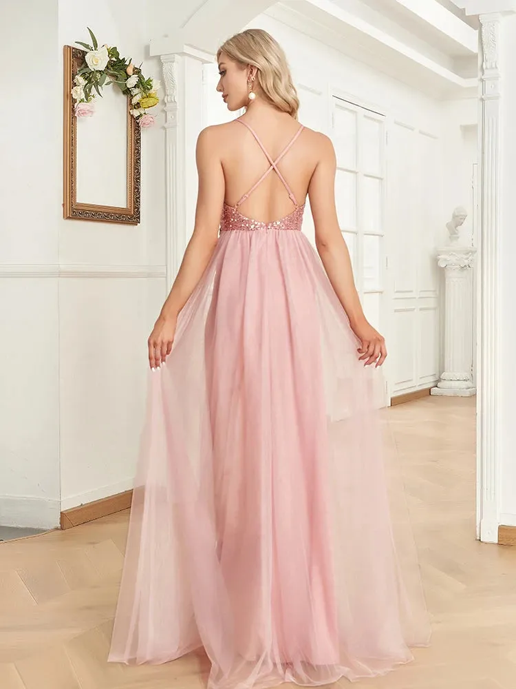 Lucyinlove Elegant Sequins Evening Dress For Women 2024 Deep V-neck Tulle Prom Party Pink Dress Floor Length Cocktail Gowns