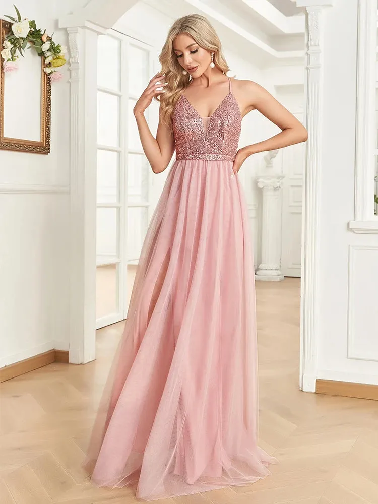 Lucyinlove Elegant Sequins Evening Dress For Women 2024 Deep V-neck Tulle Prom Party Pink Dress Floor Length Cocktail Gowns