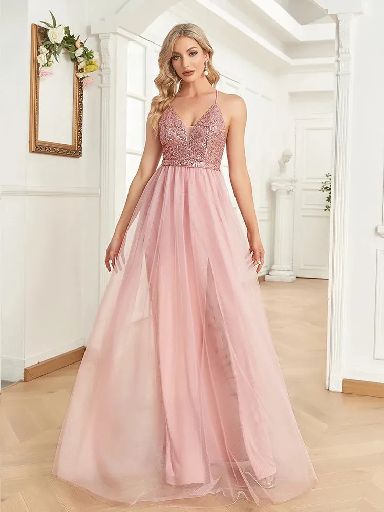 Lucyinlove Elegant Sequins Evening Dress For Women 2024 Deep V-neck Tulle Prom Party Pink Dress Floor Length Cocktail Gowns