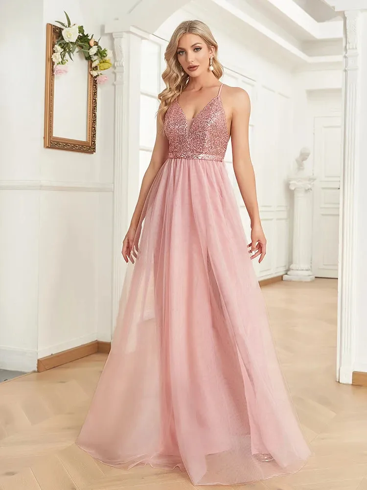 Lucyinlove Elegant Sequins Evening Dress For Women 2024 Deep V-neck Tulle Prom Party Pink Dress Floor Length Cocktail Gowns