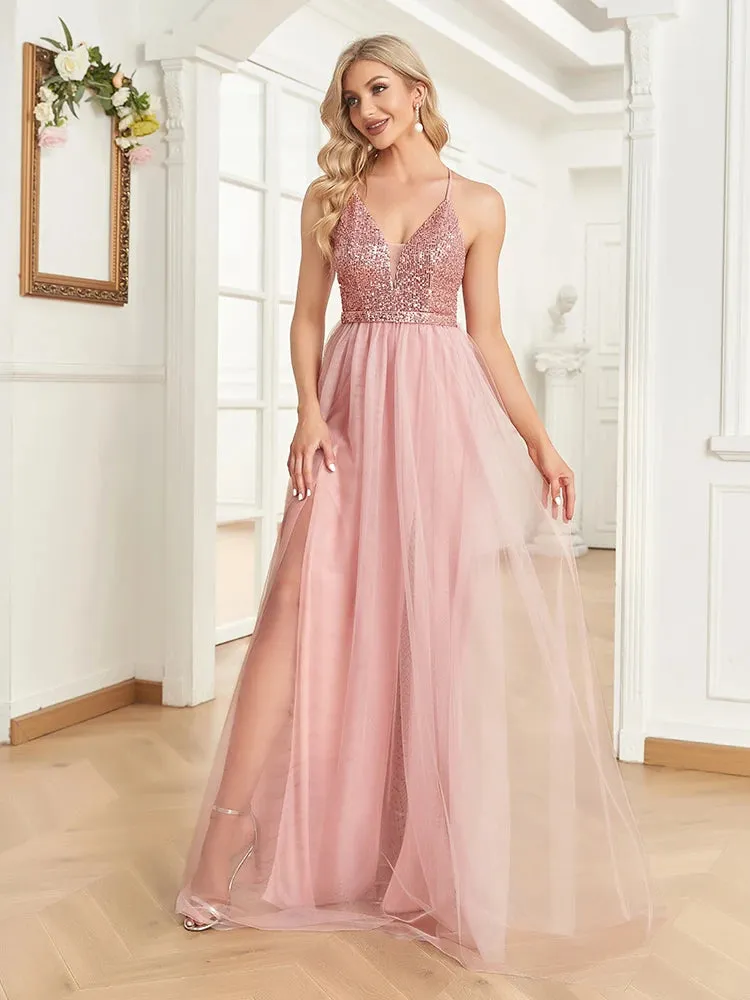 Lucyinlove Elegant Sequins Evening Dress For Women 2024 Deep V-neck Tulle Prom Party Pink Dress Floor Length Cocktail Gowns