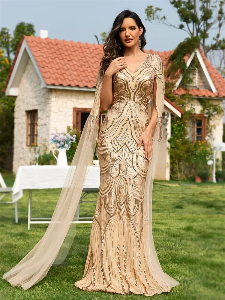 Lucyinlove Luxury Gold Sequins Evening Dress Women Long 2024 Elegant Female Guests Wedding Party Prom Cocktail Dresses Gowns