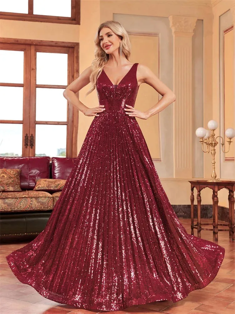 Lucyinlove Luxury V Neck Long Sleeves Formal Evening Dress Women 2024 Sequins Wedding Party Prom Maxi Cocktail Dresses Vestidos