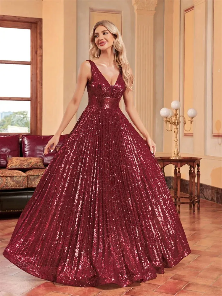 Lucyinlove Luxury V Neck Long Sleeves Formal Evening Dress Women 2024 Sequins Wedding Party Prom Maxi Cocktail Dresses Vestidos