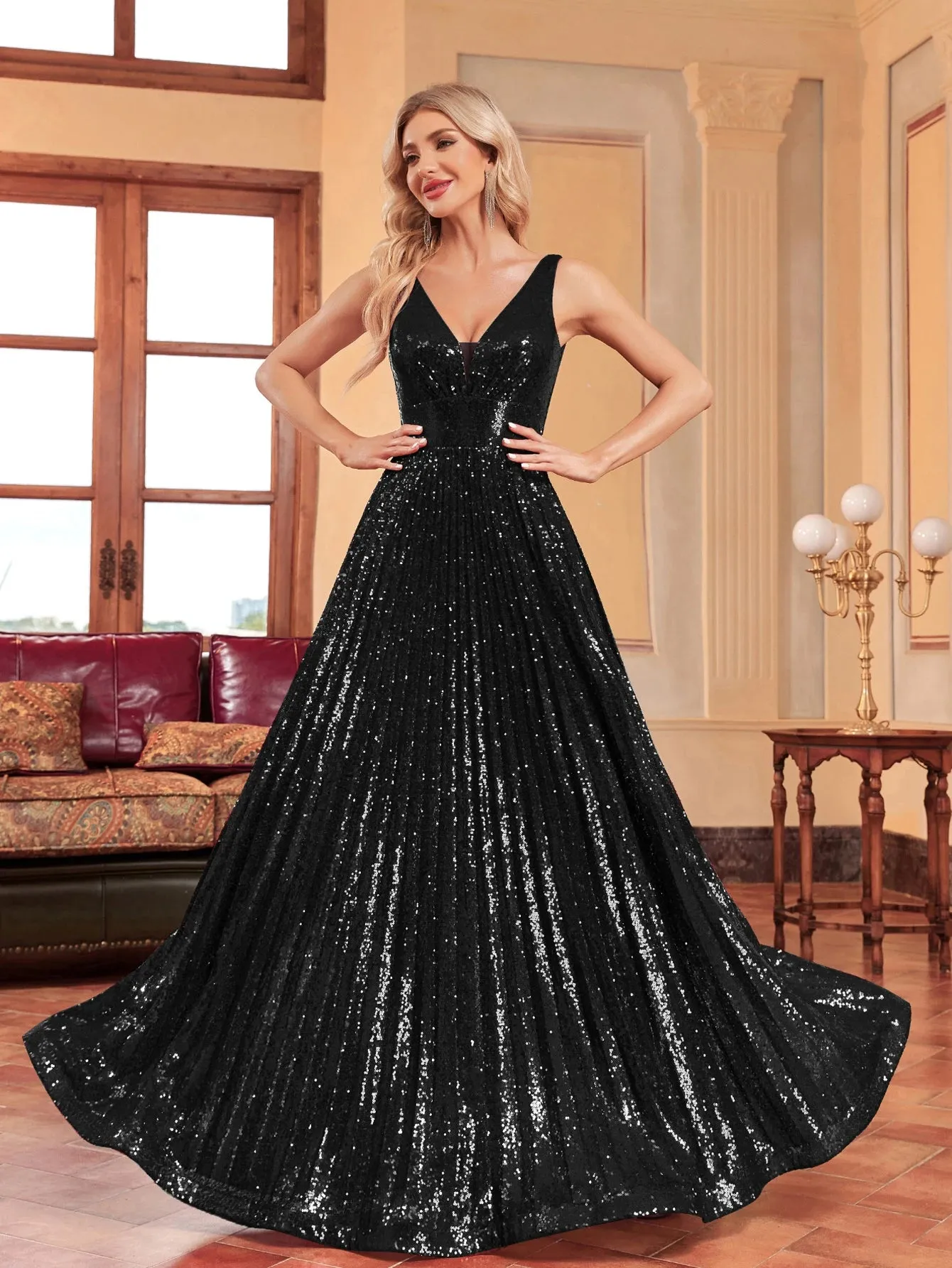 Lucyinlove Luxury V Neck Long Sleeves Formal Evening Dress Women 2024 Sequins Wedding Party Prom Maxi Cocktail Dresses Vestidos